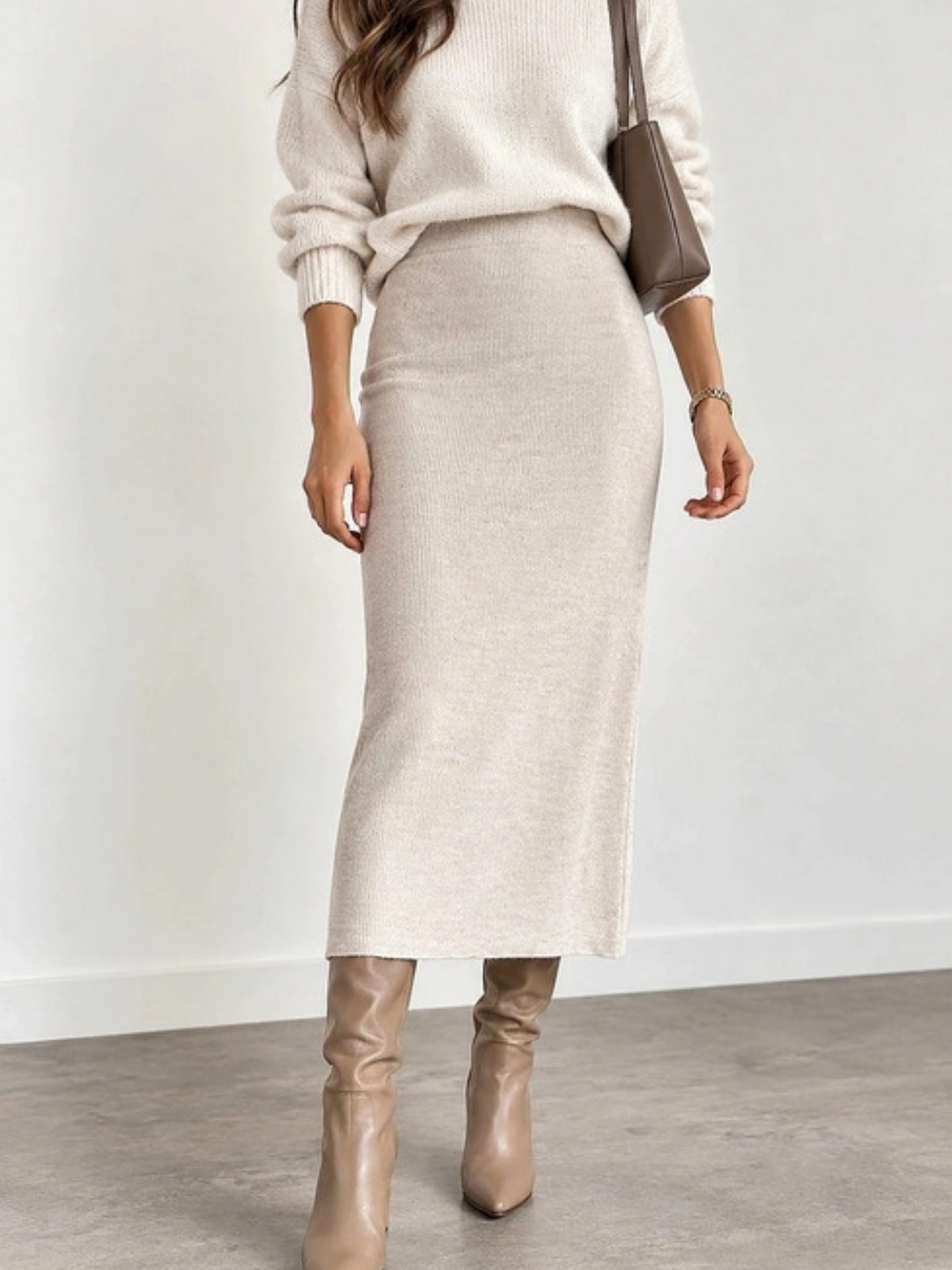 ZARA Women’s Ribbed Knit Midi Skirt Size M Oatmeal Beige Stretch